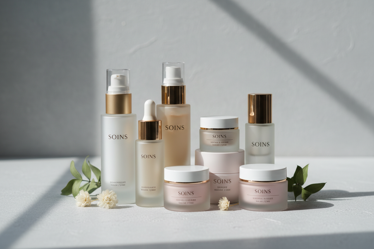 soins avec un fond gris clair