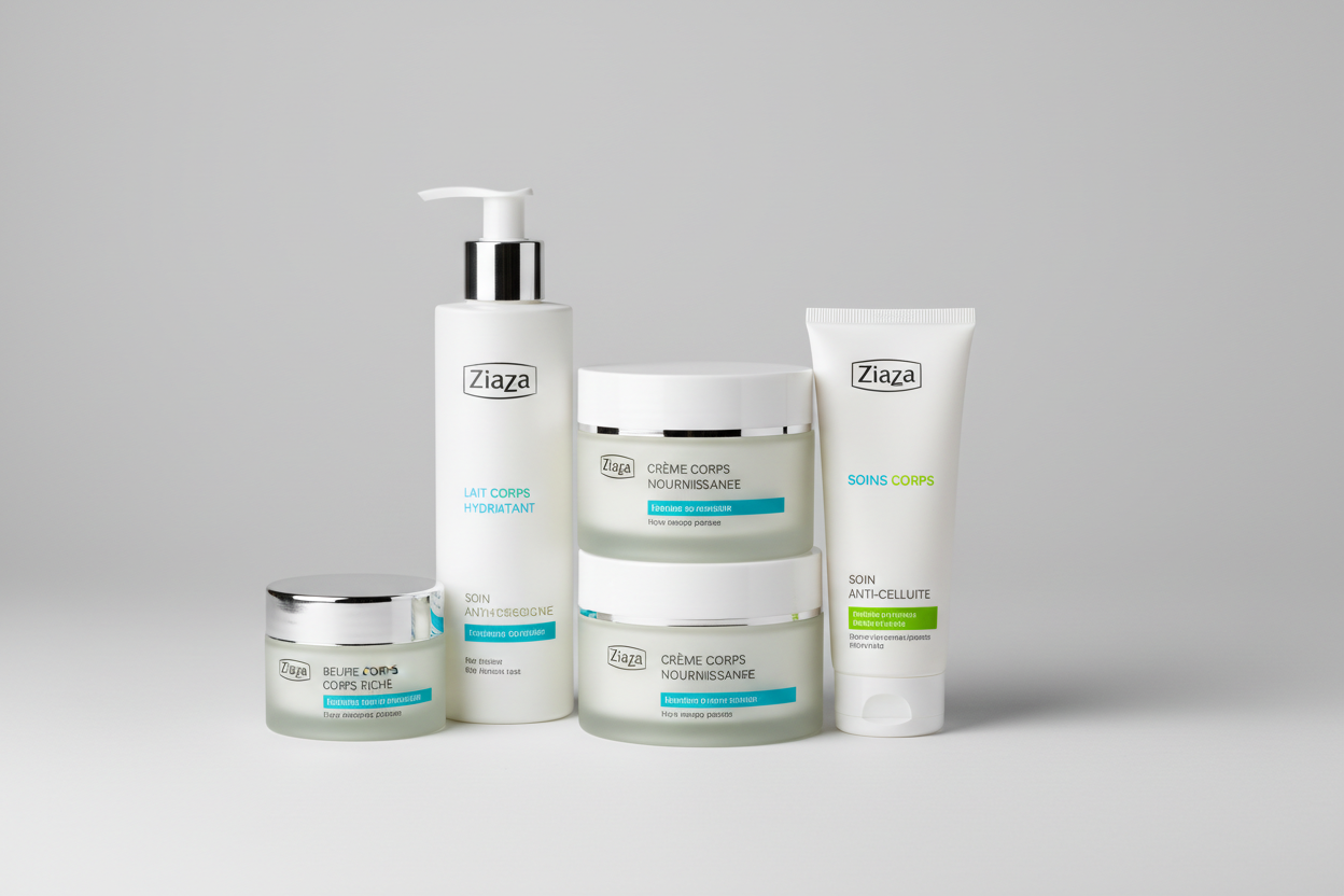 soins corps marque ziaja avec un fond gris clair
